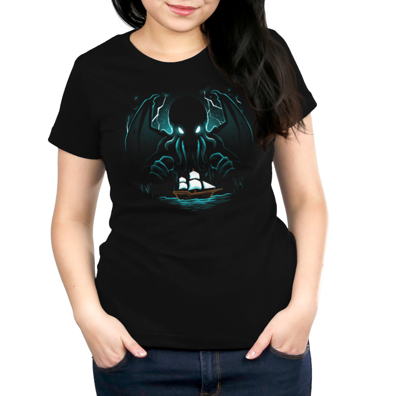 A woman wearing a TeeTurtle Epic Cthulhu t-shirt embarks on an adventure.