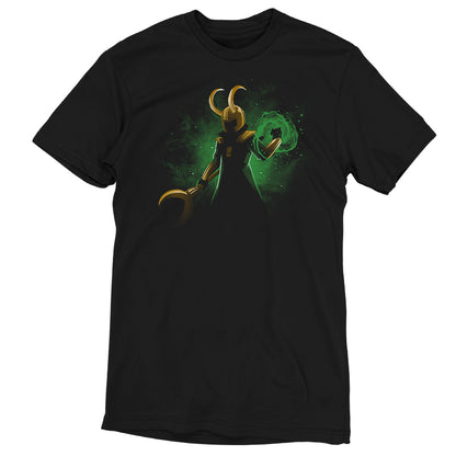 A comfortable black God of Mischief t-shirt with an image of Loki by Marvel.