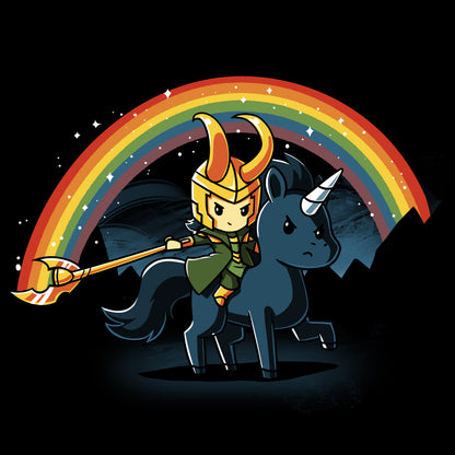 Officially licensed Marvel Epic Loki T-shirt featuring Loki on a unicorn with a rainbow behind him.