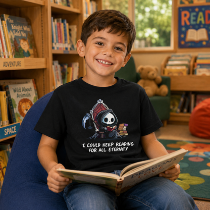 Premium Cotton T-shirt_TeeTurtle black Eternal Reader featuring the Grim Reaper on a cobwebbed throne reading a book with text, “I could keep reading for all eternity“.