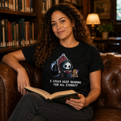 Premium Cotton T-shirt_TeeTurtle black Eternal Reader featuring the Grim Reaper on a cobwebbed throne reading a book with text, “I could keep reading for all eternity“.