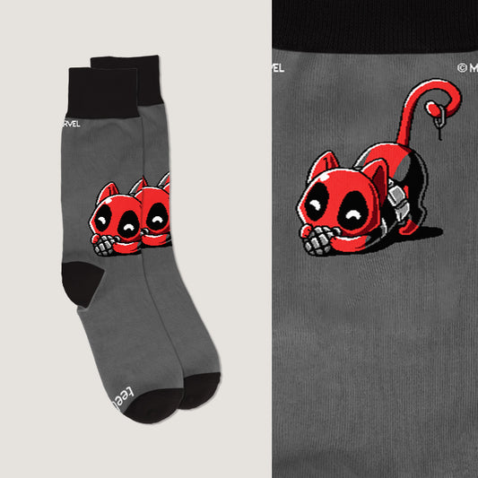 Officially licensed Catpool socks with a cat-astrophe-themed Deadpool design from Marvel.