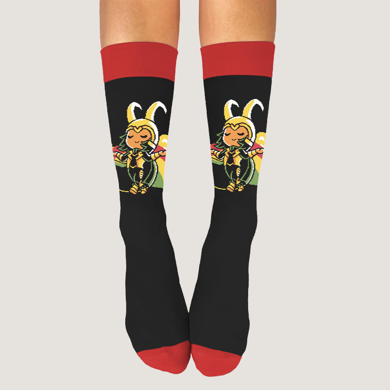 A woman wearing officially licensed Marvel Loki socks.