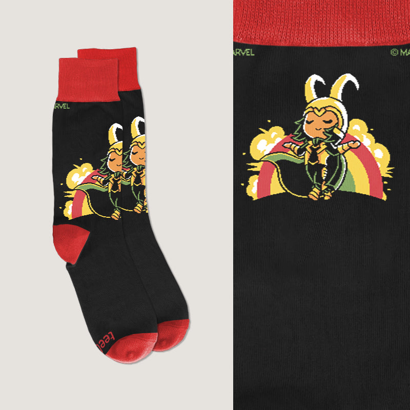 A pair of black Marvel Loki socks.