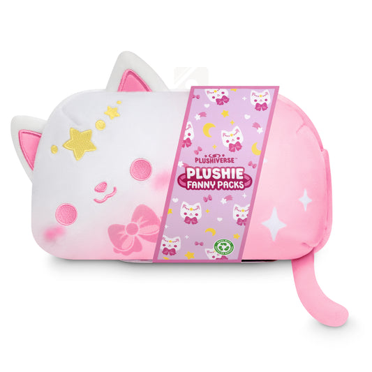 Child's Plushiverse Just Like Meowgic Plushie Fanny Pack from the TeeTurtle Kawaii Cuties collection, with packaging displaying product information and an adjustable belt.