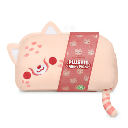 Introducing the Plushiverse Wild About You Cheetah Plushie Fanny Pack - a cute pink pouch with a kitty face on it that offers hands-free functionality with its adjustable belt.