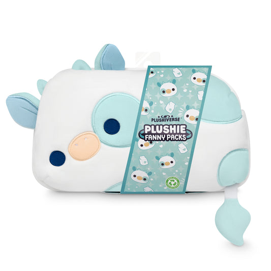 A TeeTurtle Plushiverse Udderly Adorable plushie fanny pack designed to look like a cute, stylized animal with blue ears and tail, complete with an adjustable belt.