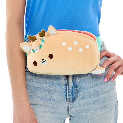 A person carrying a cute Plushiverse Flora & Fawn-a Plushie Fanny Pack from the TeeTurtle Kawaii Cuties collection.