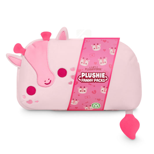 An adjustable belt pouch with a Plushiverse Blushing Giraffe Plushie Fanny Pack from TeeTurtle in pink, featuring a giraffe.