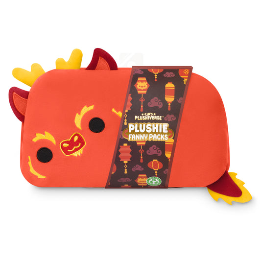 A Plushiverse Lunar New Year Dragon Plushie Fanny Pack featuring a red pouch with an adjustable belt and adorned with a Chinese dragon by TeeTurtle.