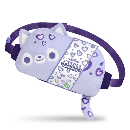 A purple cat-shaped fanny pack with heart designs, cat ears, and a tail. Labeled 