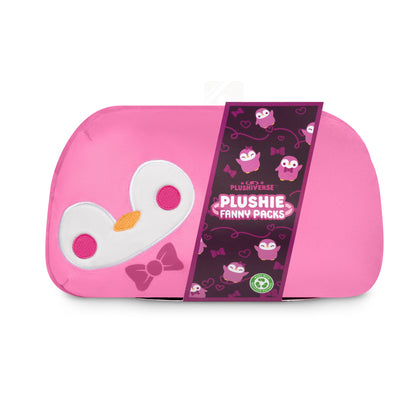 A pink Plushiverse Dapper Penguin plushie fanny pack by TeeTurtle with an adjustable belt.