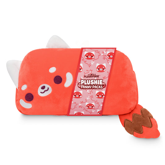 The Plushiverse Cheery Red Panda Plushie Fanny Pack by TeeTurtle is designed to resemble a kawaii cutie animal with a lightning bolt accessory.