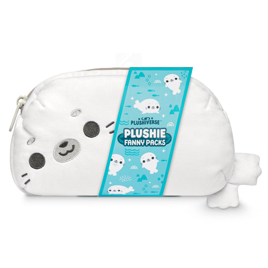 White plush seal-shaped Plushiverse Keep it Seal Fanny Pack by TeeTurtle with an adjustable belt and a blue tag showcasing the product label 