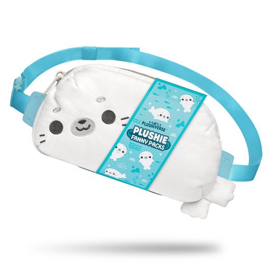 A white plush fanny pack shaped like a seal comes with an adjustable turquoise strap and a product tag labeled 