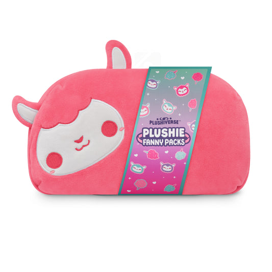 A Plushiverse Cotton Candy Sheep Plushie Fanny Pack with an adjustable strap, featuring a pink llama by TeeTurtle.