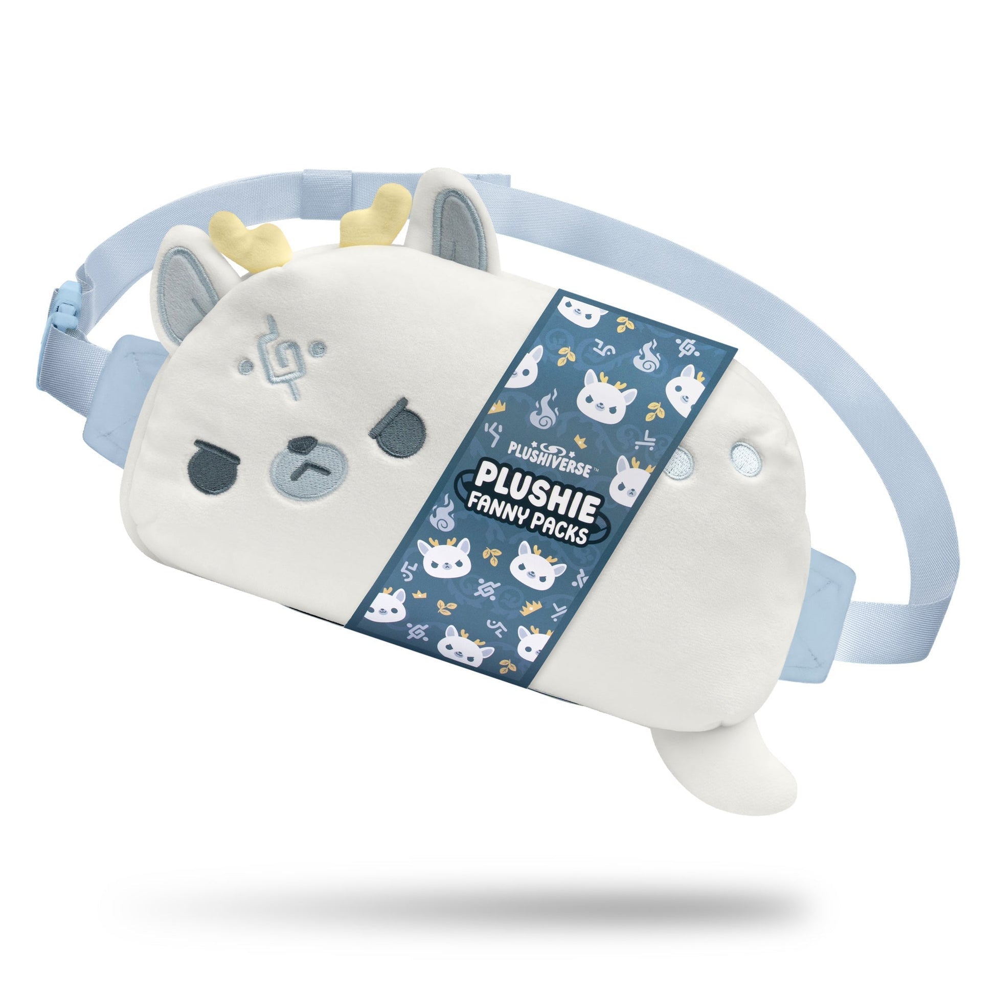 A white plush fanny pack shaped like an animal, featuring small horns, ears, and a printed patch. It has a light blue strap secured by a plastic buckle. Part of the Myths & Cryptids collection, this TeeTurtle Plushiverse White Stag Fanny Pack offers hands-free functionality for your adventures.