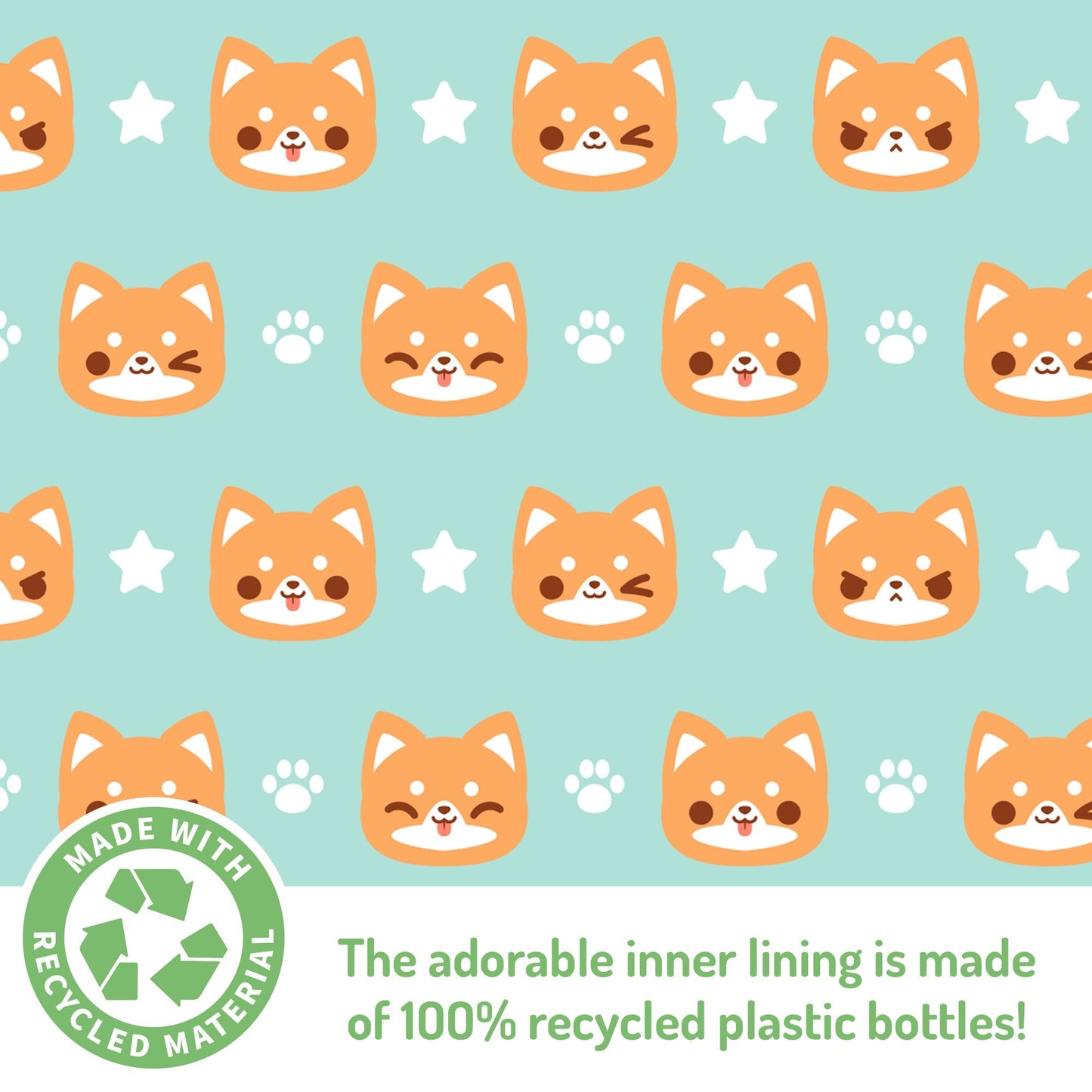 Patterned design featuring kawaii cuties shiba inu faces, paw prints, and stars on the Plushiverse Super Shiba Plushie Fanny Pack by TeeTurtle with a label stating the material is made from 100% recycled plastic bottles.