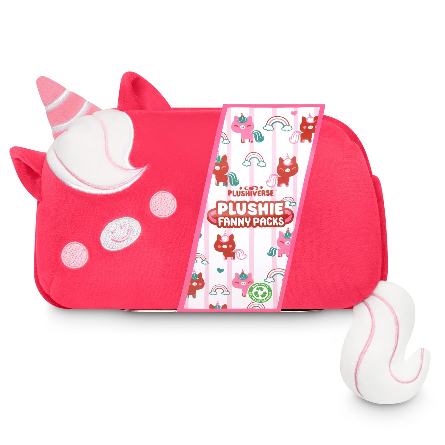 A Plushiverse Ruby Red Unicorn Plushie Fanny Pack, adorned with a unicorn, offering hands-free functionality with an adjustable belt, made by TeeTurtle.