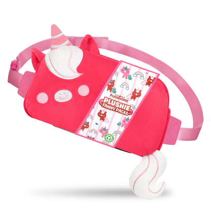 Introducing our Valentine's Day collection! This Ruby Red Unicorn Plushie Fanny Pack by TeeTurtle features a whimsical unicorn design, complete with horn, ears, and tail. Enjoy the hands-free functionality while the tag displays "Plushiverse Ruby Red Unicorn Plushie Fanny Pack" with cute illustrations of other animals.