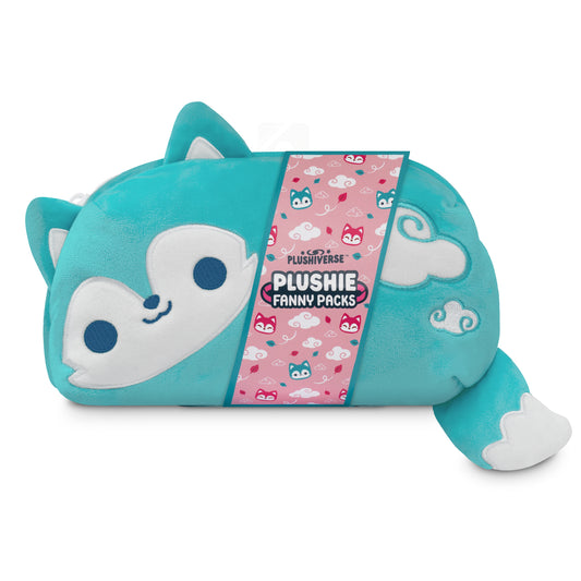 A blue Plushiverse Fair Weather Wolf Fanny Pack with a cat on it by TeeTurtle.