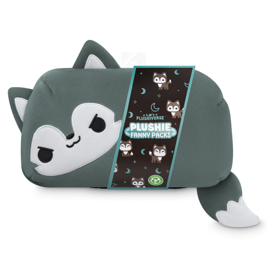 A Plushiverse Lone Wolf Plushie Fanny Pack in the shape of a sleeping gray cat wrapped with packaging for an adjustable belt by TeeTurtle.