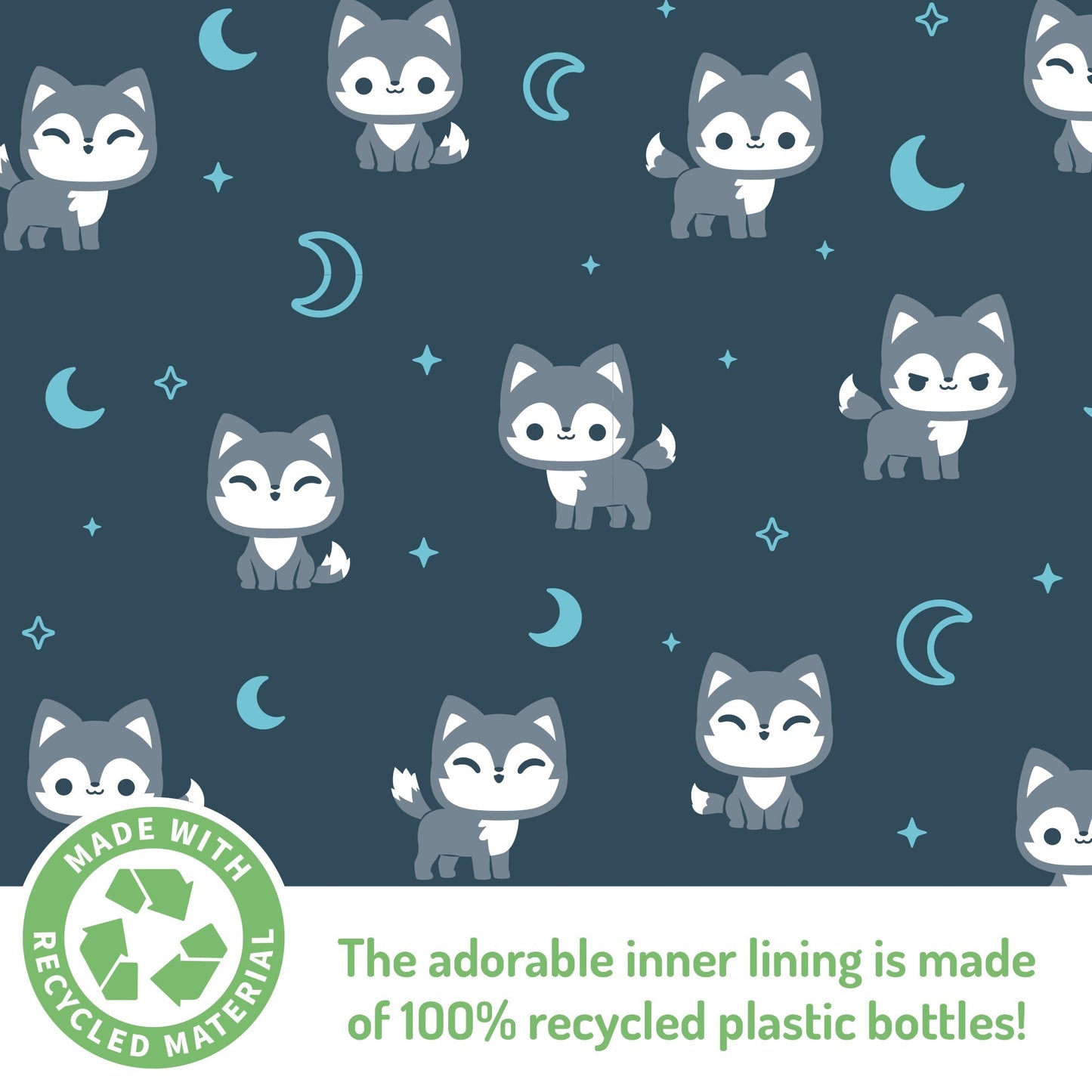 Patterned fabric featuring Kawaii Cuties cartoon raccoons and celestial motifs, with a label indicating the material is made from 100% recycled plastic bottles can be found in the Plushiverse Lone Wolf Plushie Fanny Pack by TeeTurtle.