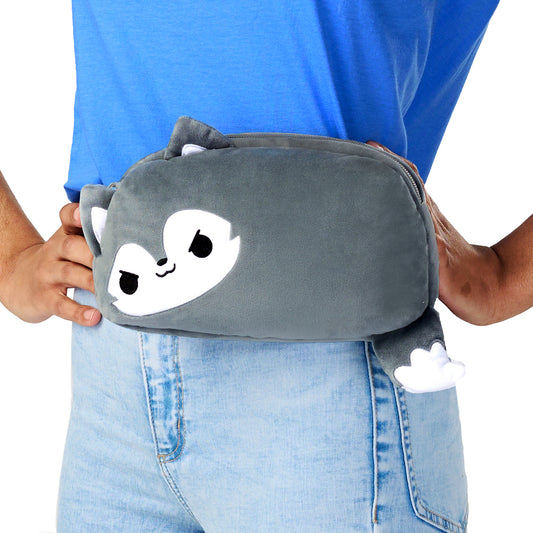 Person holding a Plushiverse Lone Wolf Plushie Fanny Pack by TeeTurtle with an adjustable belt.