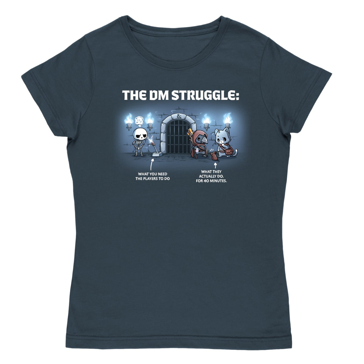 Women's Premium T-Shirt_TeeTurtle denim blue The DM Struggle Premium Cotton T-shirt featuring a grumpy skeleton standing next to a glowing lever and two player characters nearby talking to a rat. Under the skeleton is the text "what you need the players to do" and under the players is the text "what they actually do. for 40 minutes." 