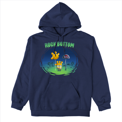 Pullover Hoodie_TeeTurtle navy blue SpongeBob Rock Bottom apparel featuring SpongeBob Square Pants holding a yellow balloon that looks like a four fingered hand while wearing a second simliar balooon on his head as a hat. He looks sad and he's next to a "Buz" sign.The words "Rock Bottom" are on top in green and they look like they are melting or dripping. 