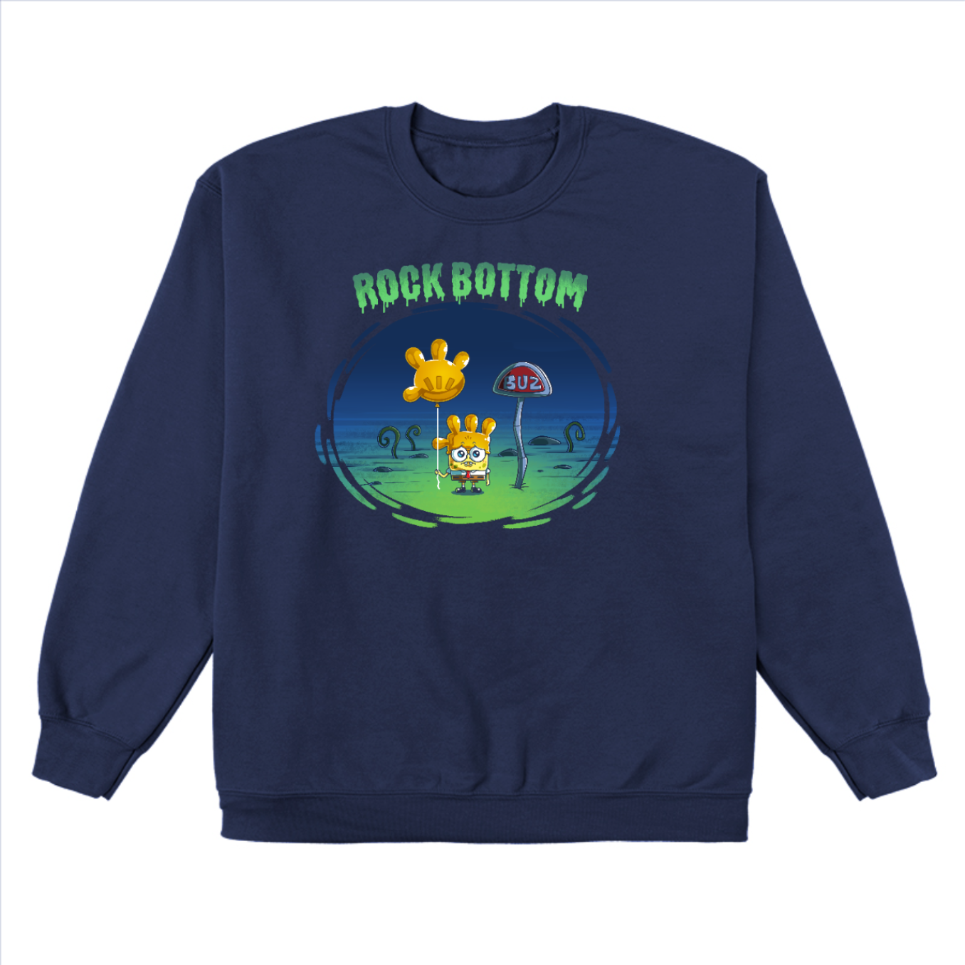 Crew Neck Sweatshirt_TeeTurtle navy blue SpongeBob Rock Bottom apparel featuring SpongeBob Square Pants holding a yellow balloon that looks like a four fingered hand while wearing a second simliar balooon on his head as a hat. He looks sad and he's next to a "Buz" sign.The words "Rock Bottom" are on top in green and they look like they are melting or dripping. 