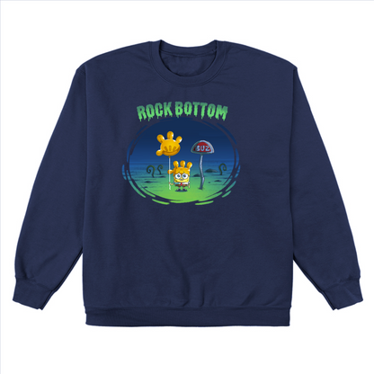 Crew Neck Sweatshirt_TeeTurtle navy blue SpongeBob Rock Bottom apparel featuring SpongeBob Square Pants holding a yellow balloon that looks like a four fingered hand while wearing a second simliar balooon on his head as a hat. He looks sad and he's next to a "Buz" sign.The words "Rock Bottom" are on top in green and they look like they are melting or dripping. 