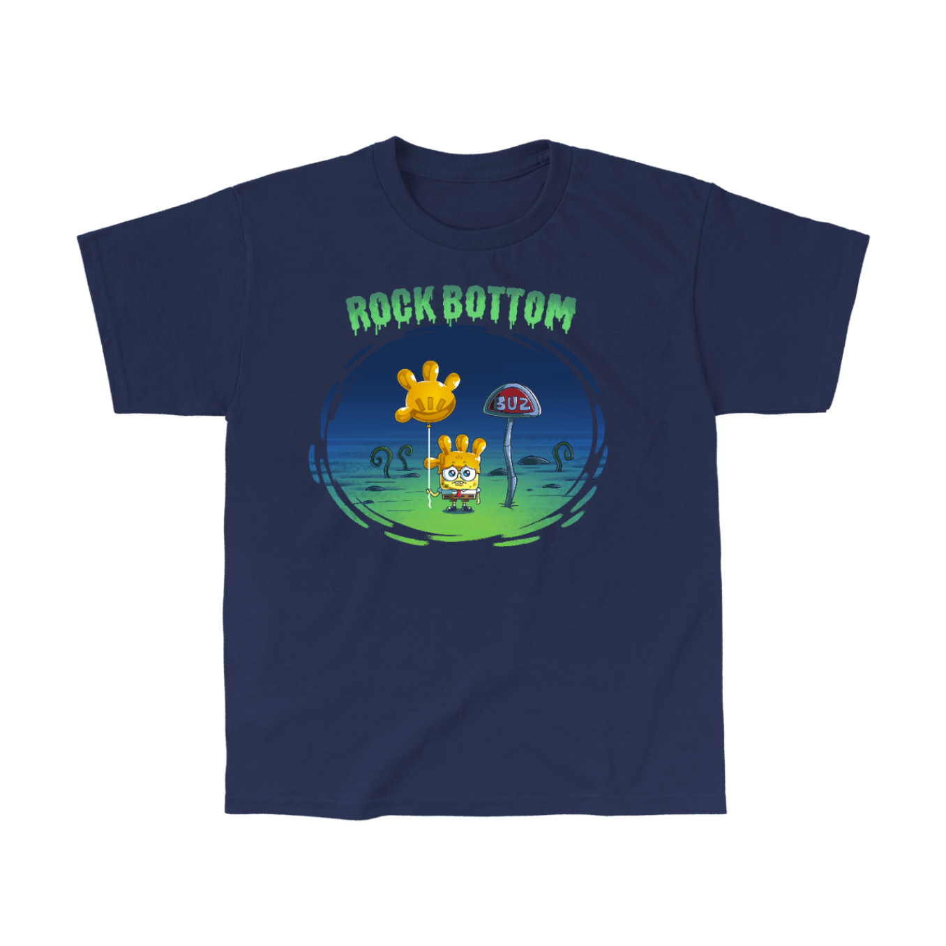 Classic Cotton T-shirt_TeeTurtle navy blue SpongeBob Rock Bottom apparel featuring SpongeBob Square Pants holding a yellow balloon that looks like a four fingered hand while wearing a second simliar balooon on his head as a hat. He looks sad and he's next to a "Buz" sign.The words "Rock Bottom" are on top in green and they look like they are melting or dripping. 