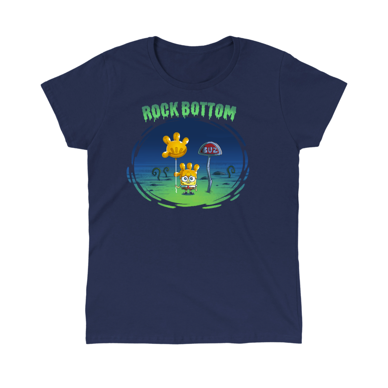 Classic Cotton T-shirt_TeeTurtle navy blue SpongeBob Rock Bottom apparel featuring SpongeBob Square Pants holding a yellow balloon that looks like a four fingered hand while wearing a second simliar balooon on his head as a hat. He looks sad and he's next to a "Buz" sign.The words "Rock Bottom" are on top in green and they look like they are melting or dripping. 