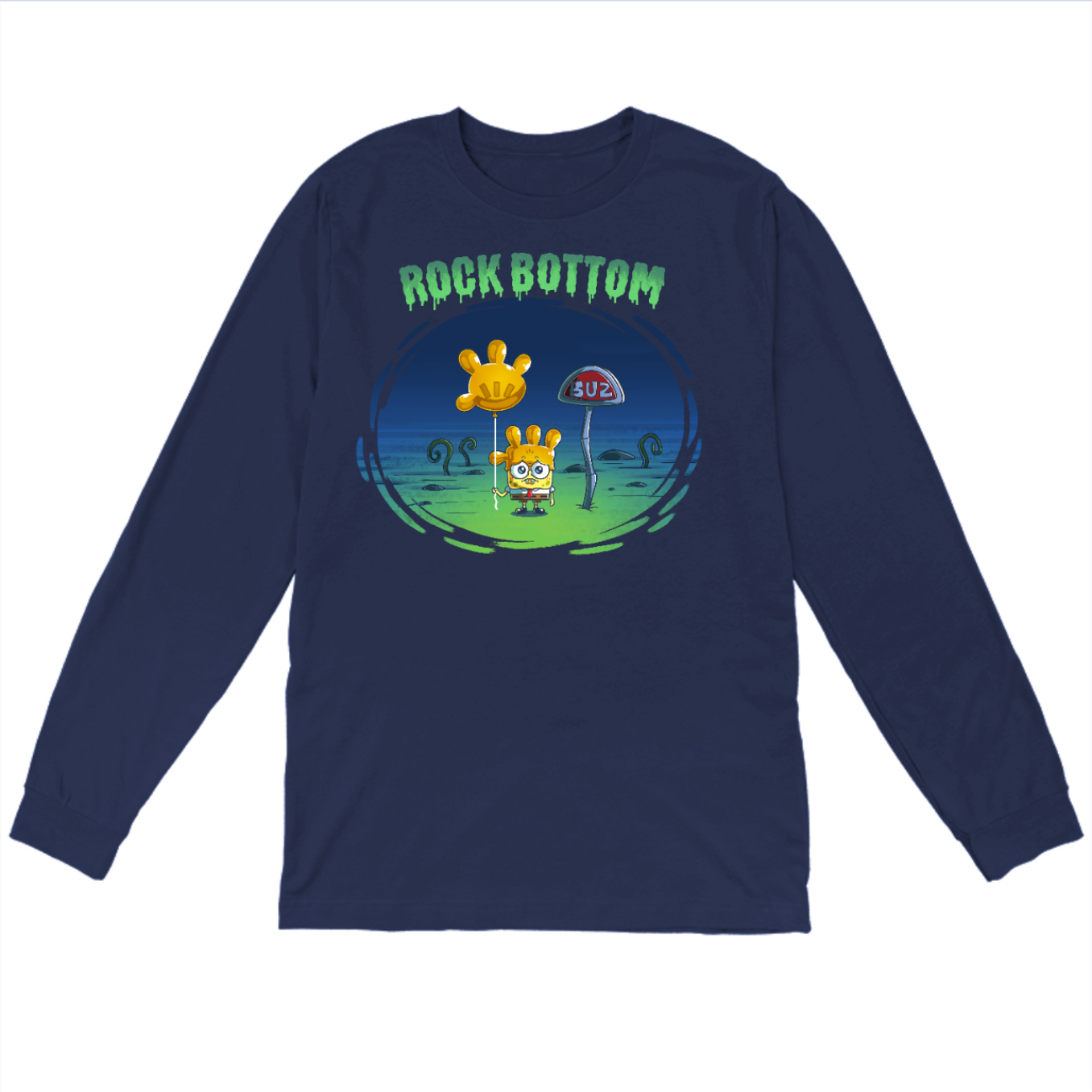 Long Sleeve T-shirt_TeeTurtle navy blue SpongeBob Rock Bottom apparel featuring SpongeBob Square Pants holding a yellow balloon that looks like a four fingered hand while wearing a second simliar balooon on his head as a hat. He looks sad and he's next to a "Buz" sign.The words "Rock Bottom" are on top in green and they look like they are melting or dripping. 