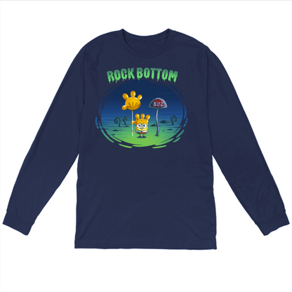Long Sleeve T-shirt_TeeTurtle navy blue SpongeBob Rock Bottom apparel featuring SpongeBob Square Pants holding a yellow balloon that looks like a four fingered hand while wearing a second simliar balooon on his head as a hat. He looks sad and he's next to a "Buz" sign.The words "Rock Bottom" are on top in green and they look like they are melting or dripping. 