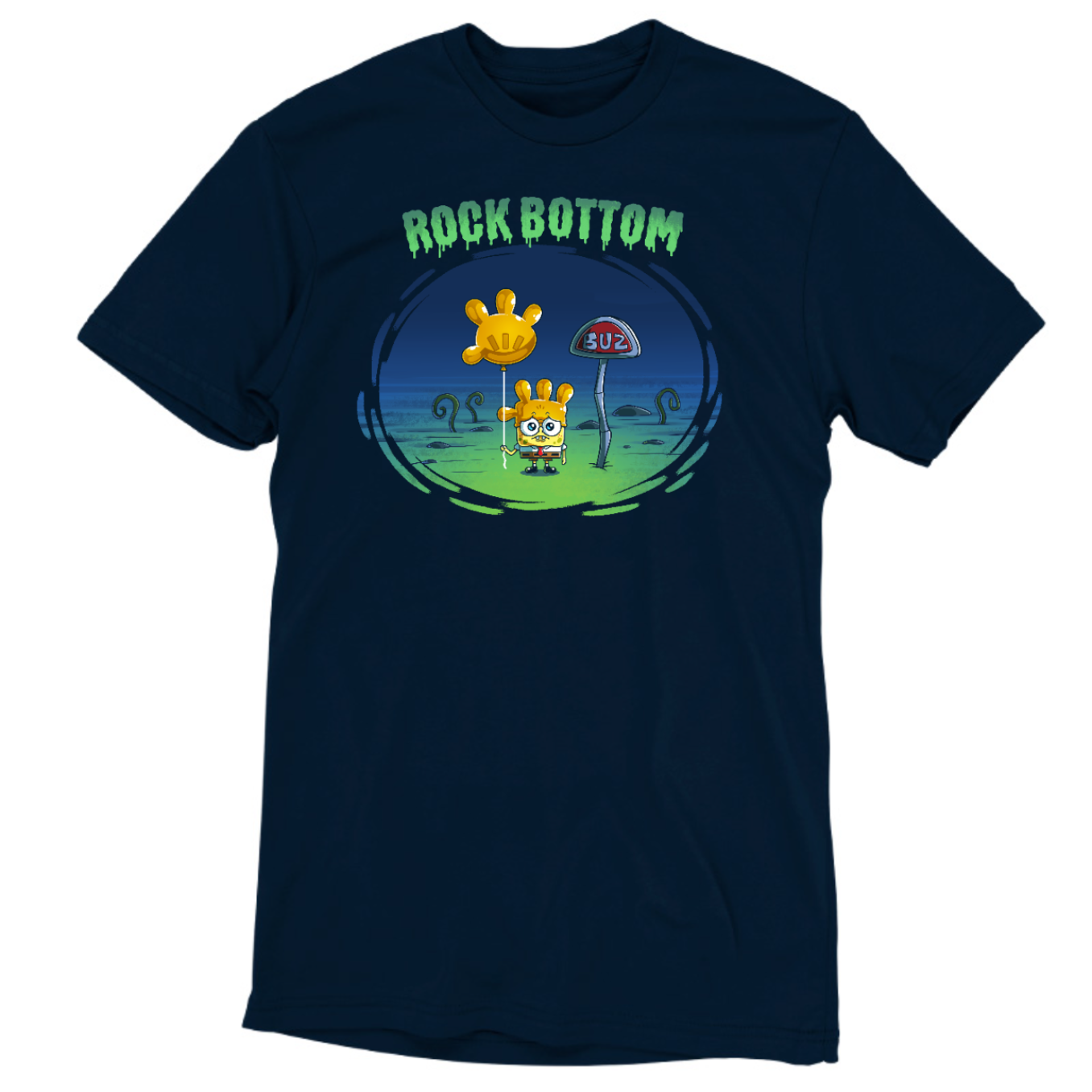 Premium Cotton T-shirt_TeeTurtle navy blue SpongeBob Rock Bottom apparel featuring SpongeBob Square Pants holding a yellow balloon that looks like a four fingered hand while wearing a second simliar balooon on his head as a hat. He looks sad and he's next to a "Buz" sign.The words "Rock Bottom" are on top in green and they look like they are melting or dripping. 