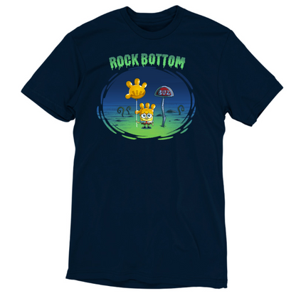 Premium Cotton T-shirt_TeeTurtle navy blue SpongeBob Rock Bottom apparel featuring SpongeBob Square Pants holding a yellow balloon that looks like a four fingered hand while wearing a second simliar balooon on his head as a hat. He looks sad and he's next to a "Buz" sign.The words "Rock Bottom" are on top in green and they look like they are melting or dripping. 