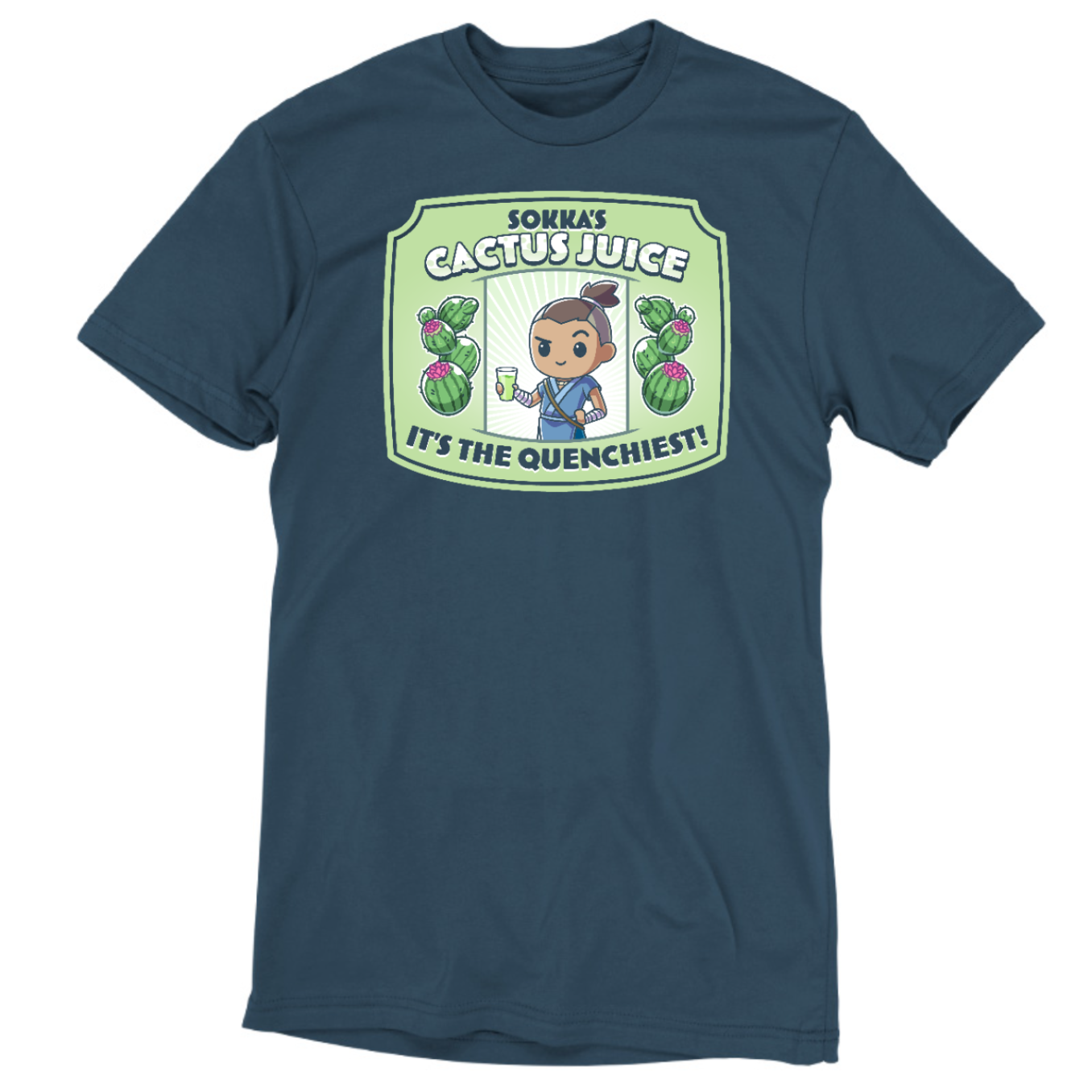 Premium Cotton T-shirt_TeeTurtle denim blue Sokka's Cactus Juice featuring a label with a drawing of two cactuses, Sokka from Avatar: The Last Airbender holding a glass full of green liquid, and text that says "Sokka's Cactus Juice" at the top and "It's the quenchiest!" at the bottom. 