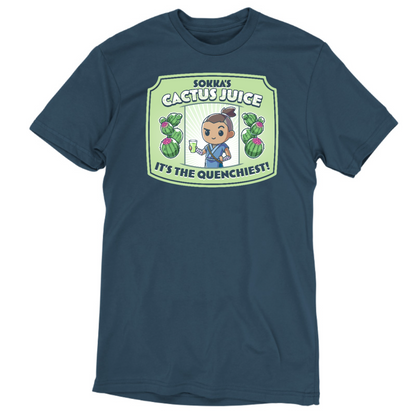 Premium Cotton T-shirt_TeeTurtle denim blue Sokka's Cactus Juice featuring a label with a drawing of two cactuses, Sokka from Avatar: The Last Airbender holding a glass full of green liquid, and text that says "Sokka's Cactus Juice" at the top and "It's the quenchiest!" at the bottom. 