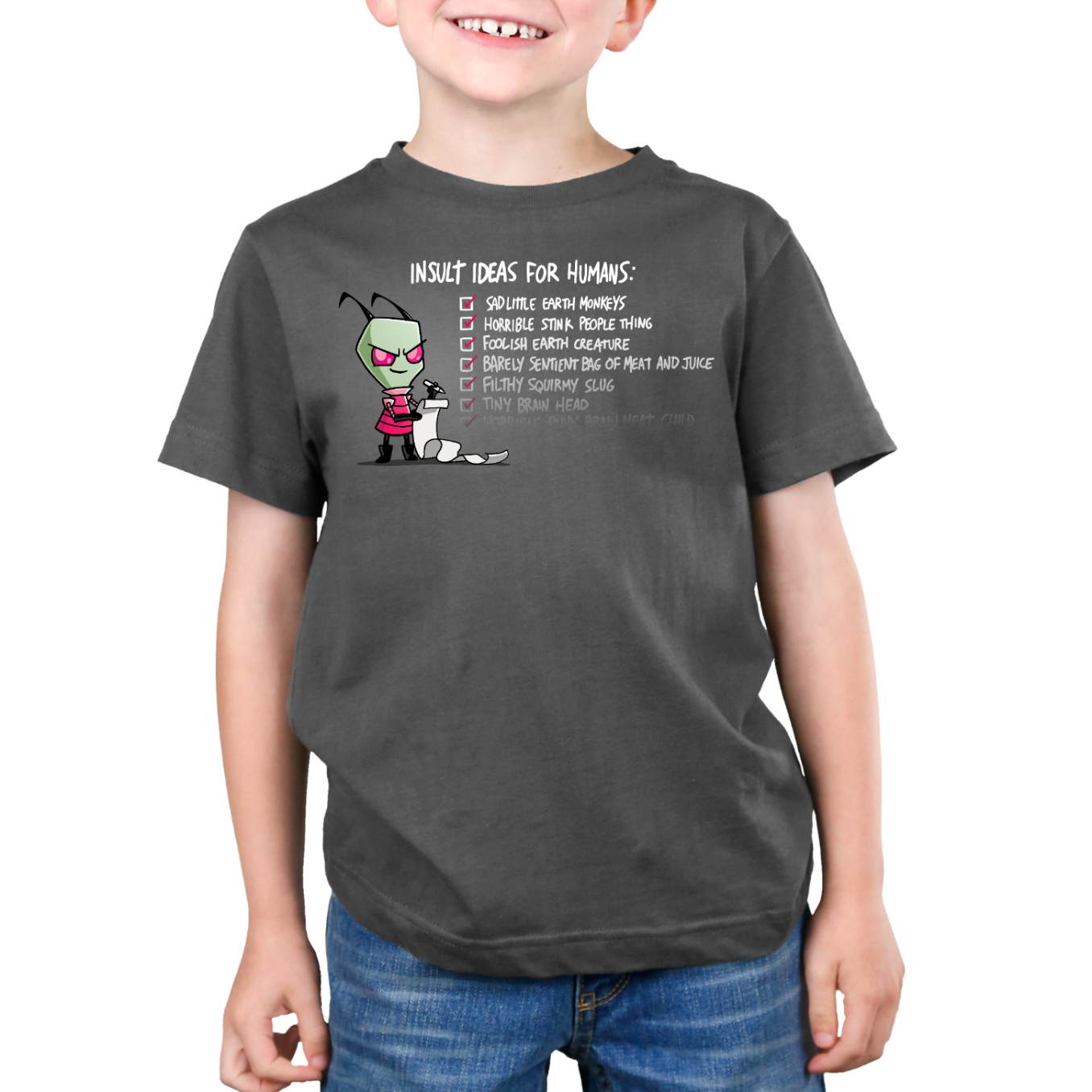 Premium Cotton T-shirt_TeeTurtle charcoal Insult Ideas for Humans Premium Cotton T-shirt featuring Invader Zim with a long list. Beside him the text reads "Insult Ideas for Humans:" with a variety of checked off options afterward including "Sad little earth monkeys," "Horrible stink people thing," and many more. The text fades out implying the list is endless. 