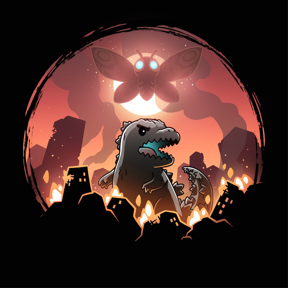 Women's Premium T-shirt_TeeTurtle black Godzilla and Mothra Rampage apparel featuring Godzilla rampaging around a burning city with Mothra floating in the sky in front of a full moon.