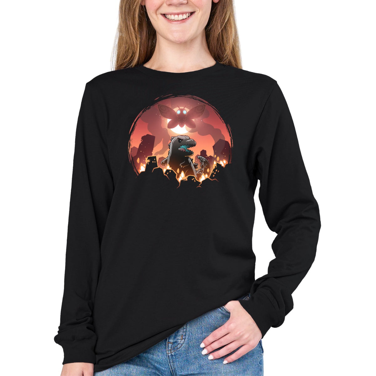 Long Sleeve T-shirt_TeeTurtle black Godzilla and Mothra Rampage apparel featuring Godzilla rampaging around a burning city with Mothra floating in the sky in front of a full moon.