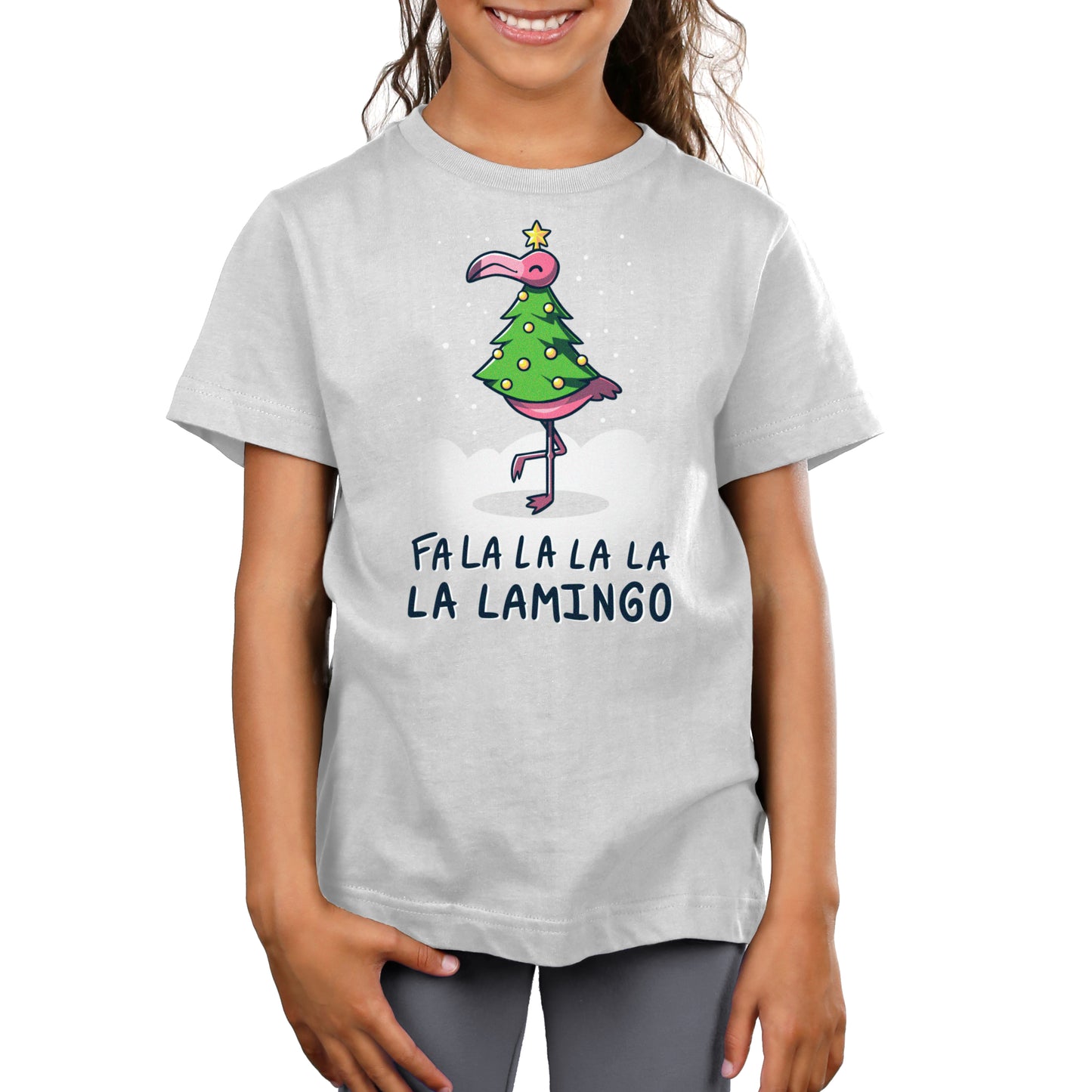 A girl wearing a silver Fa La La Lamingo T-shirt by TeeTurtle.