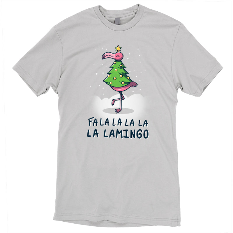 A Silver T-shirt featuring an adorable TeeTurtle Fa La La Lamingo and a Christmas tree.