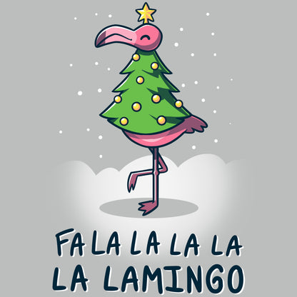 A cartoon flamingo is standing next to a Christmas tree, sporting a TeeTurtle Fa La La Lamingo T-shirt that shimmers in silver.