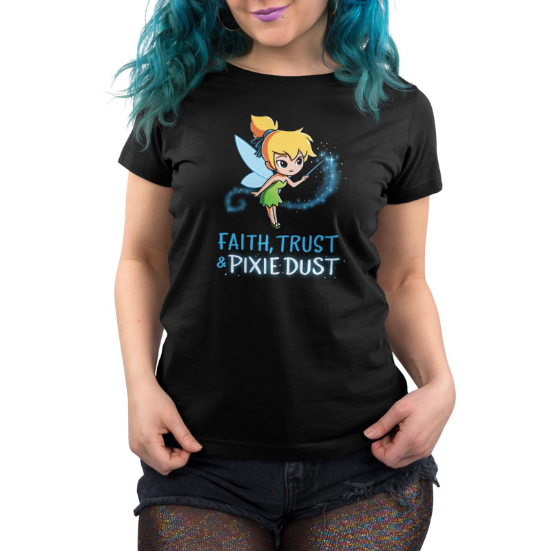 A woman wearing a Faith, Trust & Pixie Dust t-shirt in black from Disney.