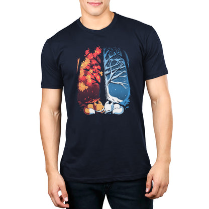 A man wearing a TeeTurtle T-shirt with an image of Fall & Winter Foxes.