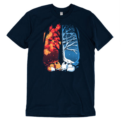 A TeeTurtle Fall & Winter Foxes t-shirt featuring an image of a tree and an autumn leaf.
