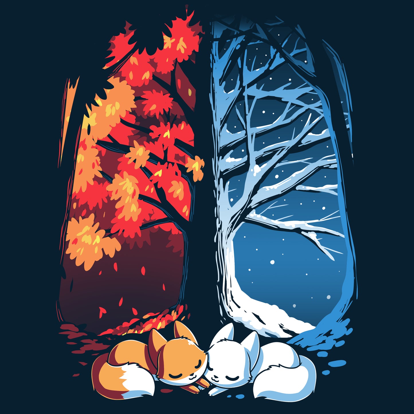Two navy blue Fall & Winter Foxes sleeping under a TeeTurtle original designed tree.